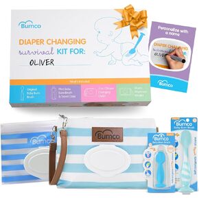 Baby Essentials Set - Personalized Diaper-Changing Baby Shower Gifts for Boys, Baby Gift Set with 2 Baby Bum Brushes (Original & Mini) + Diaper Clutch Bag + Wipes Wristlet, Newborn Gift Set in Kuwait