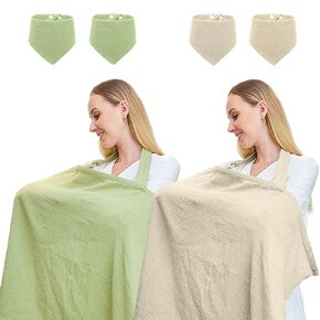 2Pack Muslin Nursing Cover for Breastfeeding, Breathable Breastfeeding Cover up with Rigid Hoop for Women, Nursing Apron (Included Four Baby Bibs)