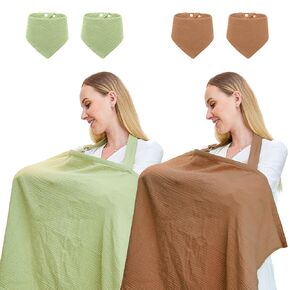 2Pack Muslin Nursing Cover for Breastfeeding, Breathable Breastfeeding Cover up with Rigid Hoop for Women, Nursing Apron (Included Four Baby Bibs)