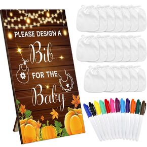 43 Pcs Baby Shower Games White Baby Bibs Design Games, Include Wooden Baby Shower Game Sign with 30 Blank White Bibs for Baby Decorating 12 Marker for Baby Shower (Classic Style)