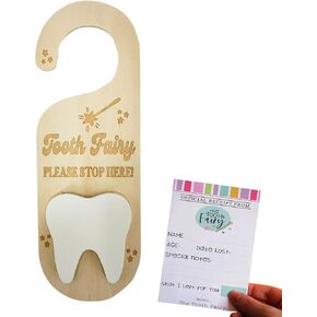 PAMBO Tooth Fairy Tooth Holder, Wooden Tooth Keepsake Door Hanger for Lost Tooth Kids 3D | Tooth Fairy Receipt Included