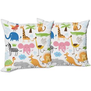 Ambesonne Animal Throw Pillow Cushion Cover Pack of 2, Giraffe Elephant Zebra Turtle Kids Nursery Baby Themed Cartoon Comic Print, Zippered Double-Side Digital Print Decor, 18", White Orange