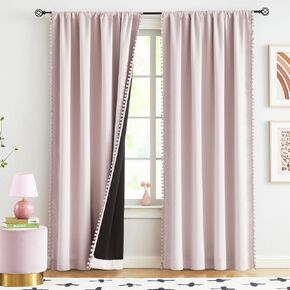 Pom Pom Curtains for Bedroom Pink Girls Room Blackout Window Drapes 63" Energy Efficient Thermal Insulated Living Room Darkening Curtain Panels 2pcs