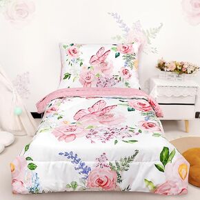 4 Piece Toddler Bedding Set for Girls, Butterfly Toddler Comforter Set, Ultra Soft Toddler Bed Set includes Comforter, Flat Sheet, Fitted Sheet, Pillowcase (Pink Floral & Butterfly Pattern)