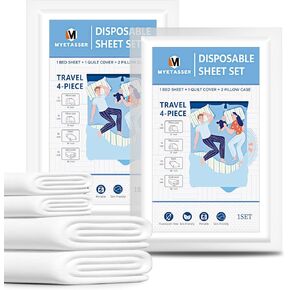 Disposable Sheets Set for Travel, Travel Bedding Set Kingsize, 2 packages, Each package contains 1Sheet 1Quilt cover 2Pillowcases, for Hotel/Travel/Home Vistor, Hypoallergenic Premium Non-Woven Fabric