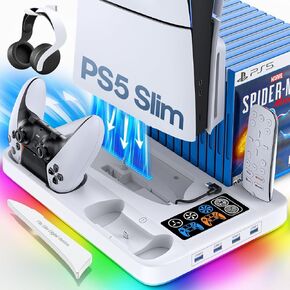PS5 Slim Cooling Stand for 2023 PS5 Slim Disc & Digital Version, Playstation 5 Slim Cooling Station with Silent Turbofan & Controller Charger, RGB Light, USB HUB, PS5 Slim Must have Accessories
