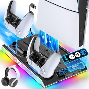 KDD PS5/PS5 Slim Stand with Auto Turbofan, PS5 Cooling Station with 3-Level Cooling Fans, PS5 Vertical Cooling Stand with RGB Lights, PS5/PS5 Slim Accessories Base Docking Station for All PS5 Console