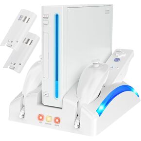 محطة تنظيم الألعاب لشاحن جهاز التحكم عن بعد لجهاز Wii، قاعدة شحن لوحدة التحكم، حامل Wii مع قطعتين بطارية قابلة لإعادة الشحن لوحدة تحكم Wii Nunchuk مجموعة ملحقات الألعاب