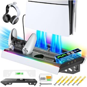 مجموعة أدوات التثبيت على الحائط لجهاز PS5 مع محطة شحن و9 مصابيح RGB لجهاز PS5 Edge ووحدة التحكم المزدوجة، ومحطة تبريد PS5 مع مروحة ثلاثية المستويات، وجدار حامل PS5 لأقراص PS5/PS5 النحيفة والرقمية، وحامل ملحقات PS5 على الرف in Kuwait