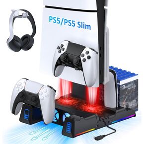 NexiGo PS5 Silent Cooling Stand for Both PS5 and New PS5 Slim Consoles, RGB LED Light, Dual Charging Station, Compatible with Dual_Sense Edge Controller, Hard Drive, Headset and Remote Holder, White