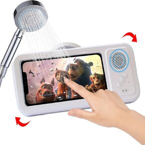 Shower Phone Holder with Wireless Bluetooth Speaker - Waterproof 480 Rotation Viewable Shower Phone Stand Case Mount Speakers for Bathroom Wall Mirro for 4"- 6.8" Cell Phones