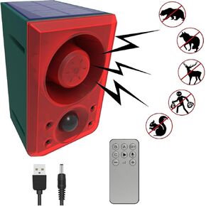 HULPPRE Solar Outdoor Motion Sensor Alarm-Dog Barking&Gunshot Sound,Support Recording&±Volume,130db Loud Noise Maker,3 Work Modes Strobe Light with USB,Say Goodbye to The Intruders