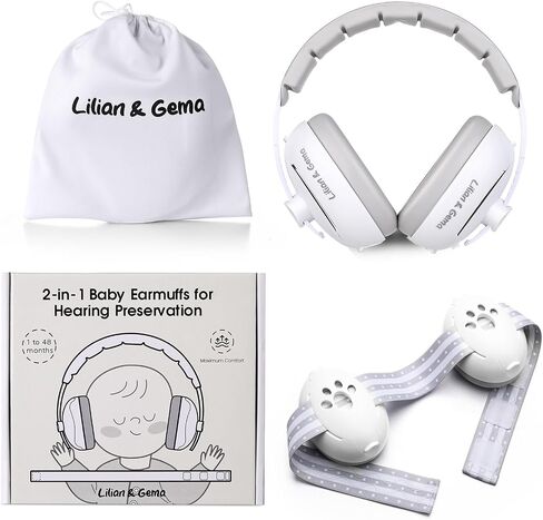 Lilian&Gema 2-in-1 Baby Ear Muffs Noise Protection, Adjustable Baby Headphones with Stretchy Band, Noise Cancelling Headphones for Baby & Toddler up to 4 Years, Baby Airplane Essentials/Outdoor, White in Saudi Arabia