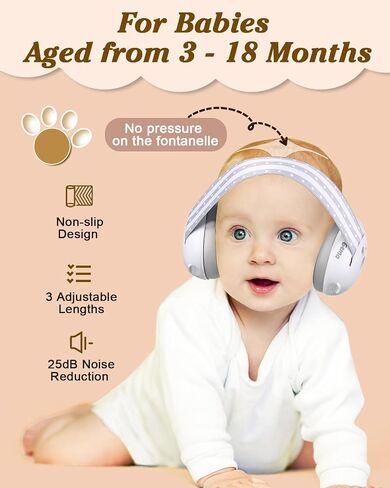 Lilian&Gema 2-in-1 Baby Ear Muffs Noise Protection, Adjustable Baby Headphones with Stretchy Band, Noise Cancelling Headphones for Baby & Toddler up to 4 Years, Baby Airplane Essentials/Outdoor, White in Saudi Arabia