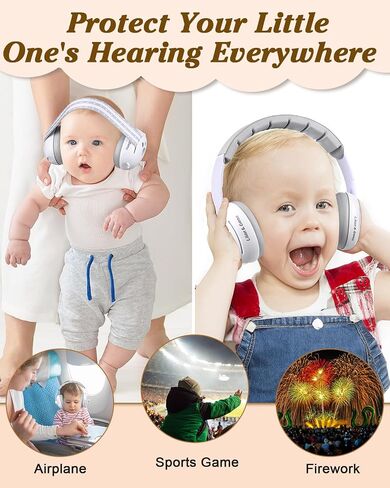 Lilian&Gema 2-in-1 Baby Ear Muffs Noise Protection, Adjustable Baby Headphones with Stretchy Band, Noise Cancelling Headphones for Baby & Toddler up to 4 Years, Baby Airplane Essentials/Outdoor, White in Saudi Arabia