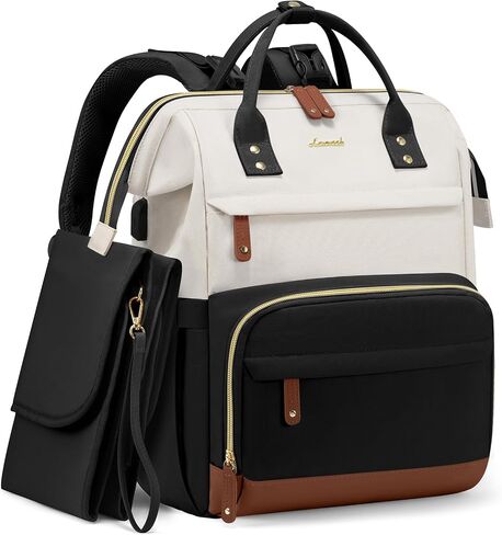 LOVEVOOK Diaper Bag Backpack, Baby Bag with Changing Station, Large Diaper Backpack for Mom Dads, Waterproof Leather Mommy Bag for Boy and Girl, Travel Essential Baby Shower, Black-Beige in Saudi Arabia