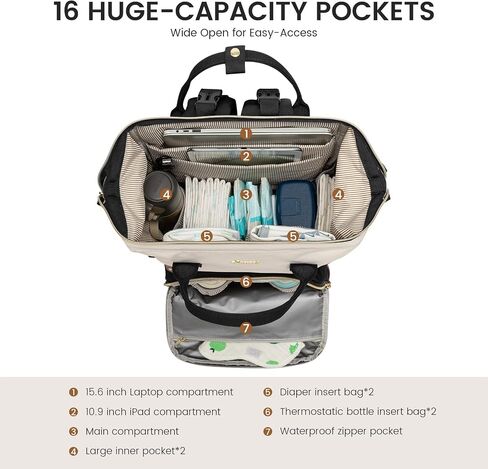 LOVEVOOK Diaper Bag Backpack, Baby Bag with Changing Station, Large Diaper Backpack for Mom Dads, Waterproof Leather Mommy Bag for Boy and Girl, Travel Essential Baby Shower, Black-Beige in Saudi Arabia
