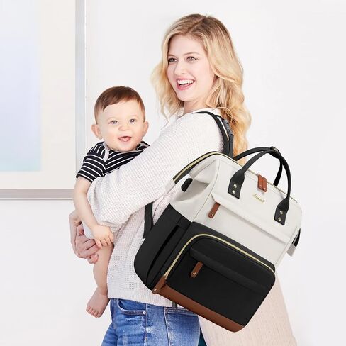 LOVEVOOK Diaper Bag Backpack, Baby Bag with Changing Station, Large Diaper Backpack for Mom Dads, Waterproof Leather Mommy Bag for Boy and Girl, Travel Essential Baby Shower, Black-Beige in Saudi Arabia