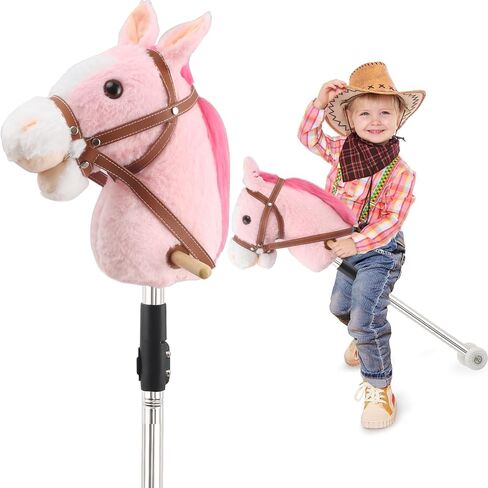 Hobby Horse, 30" to 50" Stick Horse for Cowboys Plush Handcrafted Hobby Horse on a Stick Real Pony Neighing and Galloping Sounds Stainless Steel Pole with Lighting Wheels Sponge Grip in Saudi Arabia