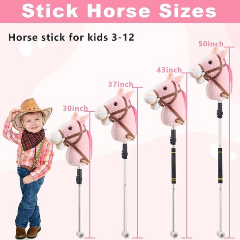 Hobby Horse, 30" to 50" Stick Horse for Cowboys Plush Handcrafted Hobby Horse on a Stick Real Pony Neighing and Galloping Sounds Stainless Steel Pole with Lighting Wheels Sponge Grip in Saudi Arabia