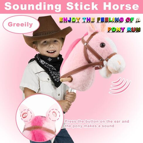 Hobby Horse, 30" to 50" Stick Horse for Cowboys Plush Handcrafted Hobby Horse on a Stick Real Pony Neighing and Galloping Sounds Stainless Steel Pole with Lighting Wheels Sponge Grip in Saudi Arabia