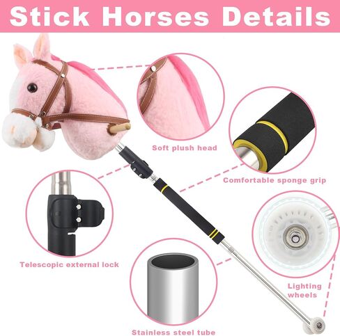 Hobby Horse, 30" to 50" Stick Horse for Cowboys Plush Handcrafted Hobby Horse on a Stick Real Pony Neighing and Galloping Sounds Stainless Steel Pole with Lighting Wheels Sponge Grip in Saudi Arabia