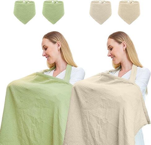 2Pack Muslin Nursing Cover for Breastfeeding, Breathable Breastfeeding Cover up with Rigid Hoop for Women, Nursing Apron (Included Four Baby Bibs) in Saudi Arabia