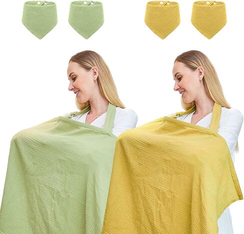 2Pack Muslin Nursing Cover for Breastfeeding, Breathable Breastfeeding Cover up with Rigid Hoop for Women, Nursing Apron (Included Four Baby Bibs) in Saudi Arabia