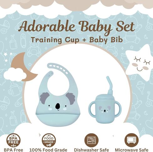Baby Feeding Set with Silicone Cup and Bib, 4.5 oz Cup, Dishwasher Safe, 6-18 Months (Blue/Koala) in Saudi Arabia