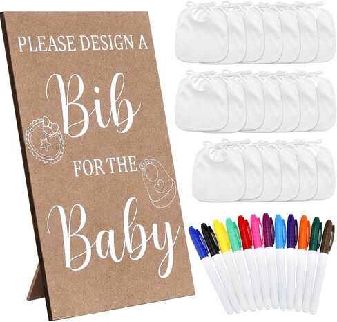 43 Pcs Baby Shower Games White Baby Bibs Design Games, Include Wooden Baby Shower Game Sign with 30 Blank White Bibs for Baby Decorating 12 Marker for Baby Shower (Classic Style) in Saudi Arabia