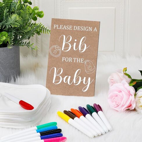 43 Pcs Baby Shower Games White Baby Bibs Design Games, Include Wooden Baby Shower Game Sign with 30 Blank White Bibs for Baby Decorating 12 Marker for Baby Shower (Classic Style) in Saudi Arabia