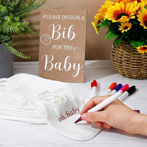 43 Pcs Baby Shower Games White Baby Bibs Design Games, Include Wooden Baby Shower Game Sign with 30 Blank White Bibs for Baby Decorating 12 Marker for Baby Shower (Classic Style) in Saudi Arabia