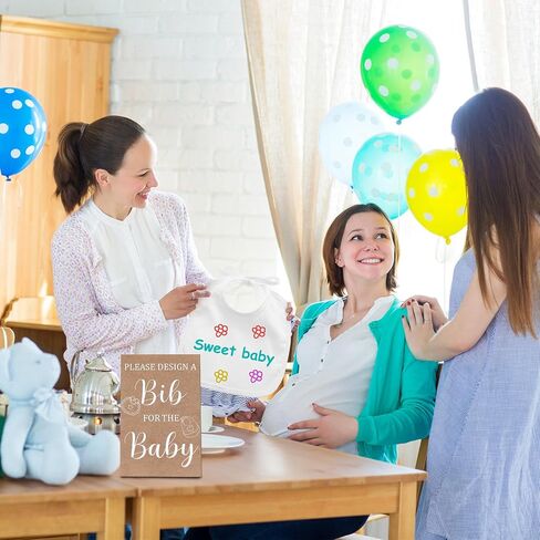 43 Pcs Baby Shower Games White Baby Bibs Design Games, Include Wooden Baby Shower Game Sign with 30 Blank White Bibs for Baby Decorating 12 Marker for Baby Shower (Classic Style) in Saudi Arabia