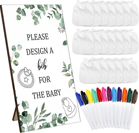 43 Pcs Baby Shower Games White Baby Bibs Design Games, Include Wooden Baby Shower Game Sign with 30 Blank White Bibs for Baby Decorating 12 Marker for Baby Shower (Classic Style) in Saudi Arabia