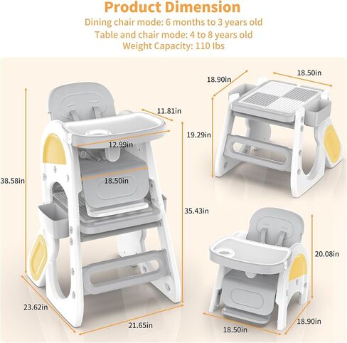 Convertible Highchair for Babies & Toddlers| Studying Table| Table and Chair Set | Building Block Table | Toddler Chair with Safety Harness,Double Removable Tray,Adjustable Seat Back in Saudi Arabia