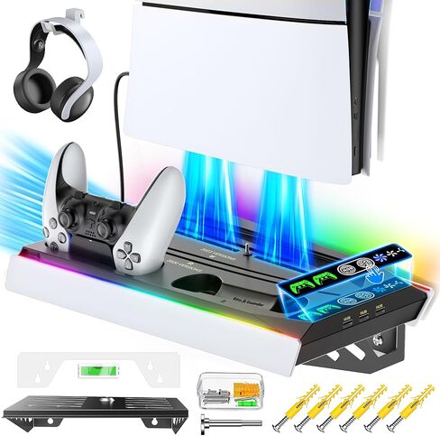مجموعة أدوات التثبيت على الحائط لجهاز PS5 مع محطة شحن و9 مصابيح RGB لجهاز PS5 Edge ووحدة التحكم المزدوجة، ومحطة تبريد PS5 مع مروحة ثلاثية المستويات، وجدار حامل PS5 لأقراص PS5/PS5 النحيفة والرقمية، وحامل ملحقات PS5 على الرف in Kuwait