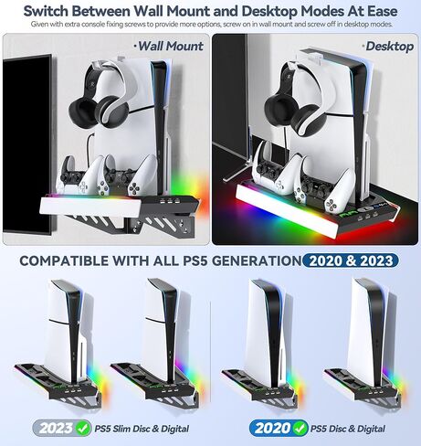 مجموعة أدوات التثبيت على الحائط لجهاز PS5 مع محطة شحن و9 مصابيح RGB لجهاز PS5 Edge ووحدة التحكم المزدوجة، ومحطة تبريد PS5 مع مروحة ثلاثية المستويات، وجدار حامل PS5 لأقراص PS5/PS5 النحيفة والرقمية، وحامل ملحقات PS5 على الرف in Kuwait