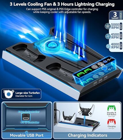 مجموعة أدوات التثبيت على الحائط لجهاز PS5 مع محطة شحن و9 مصابيح RGB لجهاز PS5 Edge ووحدة التحكم المزدوجة، ومحطة تبريد PS5 مع مروحة ثلاثية المستويات، وجدار حامل PS5 لأقراص PS5/PS5 النحيفة والرقمية، وحامل ملحقات PS5 على الرف in Kuwait