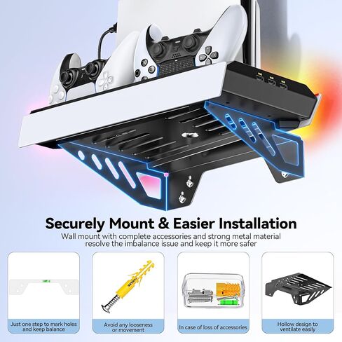 مجموعة أدوات التثبيت على الحائط لجهاز PS5 مع محطة شحن و9 مصابيح RGB لجهاز PS5 Edge ووحدة التحكم المزدوجة، ومحطة تبريد PS5 مع مروحة ثلاثية المستويات، وجدار حامل PS5 لأقراص PS5/PS5 النحيفة والرقمية، وحامل ملحقات PS5 على الرف in Kuwait