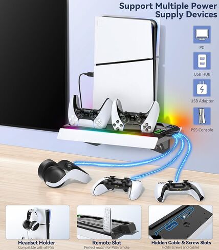 مجموعة أدوات التثبيت على الحائط لجهاز PS5 مع محطة شحن و9 مصابيح RGB لجهاز PS5 Edge ووحدة التحكم المزدوجة، ومحطة تبريد PS5 مع مروحة ثلاثية المستويات، وجدار حامل PS5 لأقراص PS5/PS5 النحيفة والرقمية، وحامل ملحقات PS5 على الرف in Kuwait