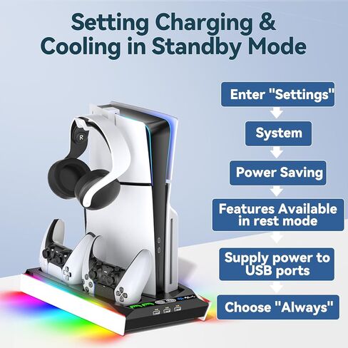 مجموعة أدوات التثبيت على الحائط لجهاز PS5 مع محطة شحن و9 مصابيح RGB لجهاز PS5 Edge ووحدة التحكم المزدوجة، ومحطة تبريد PS5 مع مروحة ثلاثية المستويات، وجدار حامل PS5 لأقراص PS5/PS5 النحيفة والرقمية، وحامل ملحقات PS5 على الرف in Kuwait