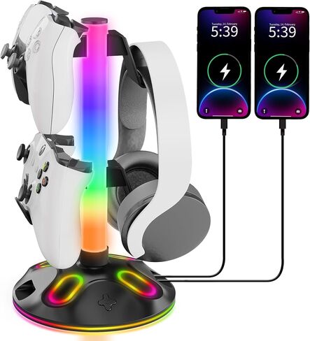 حامل سماعة الرأس RGB - حامل وحدة التحكم مع 10 أوضاع إضاءة - حامل وحدة تحكم سماعة الألعاب مع شحن USB وملحقات سماعات الأذن من النوع C، مكتب كمبيوتر الألعاب، أسود in Saudi Arabia