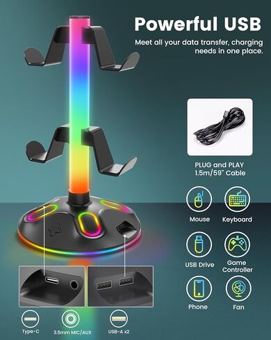 حامل سماعة الرأس RGB - حامل وحدة التحكم مع 10 أوضاع إضاءة - حامل وحدة تحكم سماعة الألعاب مع شحن USB وملحقات سماعات الأذن من النوع C، مكتب كمبيوتر الألعاب، أسود in Saudi Arabia