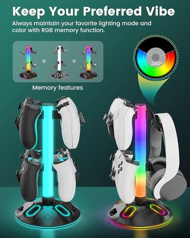 حامل سماعة الرأس RGB - حامل وحدة التحكم مع 10 أوضاع إضاءة - حامل وحدة تحكم سماعة الألعاب مع شحن USB وملحقات سماعات الأذن من النوع C، مكتب كمبيوتر الألعاب، أسود in Saudi Arabia