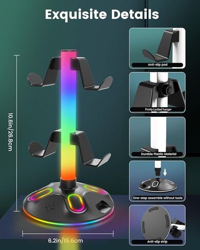 حامل سماعة الرأس RGB - حامل وحدة التحكم مع 10 أوضاع إضاءة - حامل وحدة تحكم سماعة الألعاب مع شحن USB وملحقات سماعات الأذن من النوع C، مكتب كمبيوتر الألعاب، أسود in Saudi Arabia