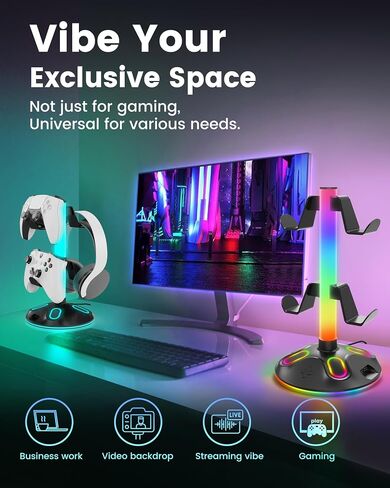 حامل سماعة الرأس RGB - حامل وحدة التحكم مع 10 أوضاع إضاءة - حامل وحدة تحكم سماعة الألعاب مع شحن USB وملحقات سماعات الأذن من النوع C، مكتب كمبيوتر الألعاب، أسود in Saudi Arabia