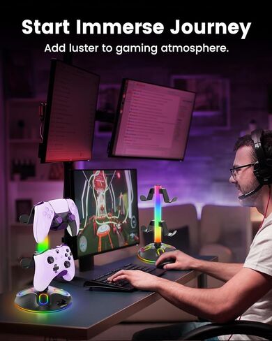 حامل سماعة الرأس RGB - حامل وحدة التحكم مع 10 أوضاع إضاءة - حامل وحدة تحكم سماعة الألعاب مع شحن USB وملحقات سماعات الأذن من النوع C، مكتب كمبيوتر الألعاب، أسود in Saudi Arabia