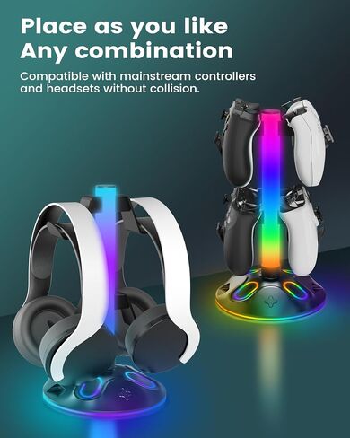 حامل سماعة الرأس RGB - حامل وحدة التحكم مع 10 أوضاع إضاءة - حامل وحدة تحكم سماعة الألعاب مع شحن USB وملحقات سماعات الأذن من النوع C، مكتب كمبيوتر الألعاب، أسود in Saudi Arabia
