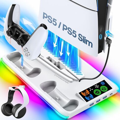 PS5 Slim / PS5 Cooling Station with 3-Level Cooling Fan, PS5 /PS5 Slim Stand with Controller Charger for All Playstation 5 Console, PS5/ PS5 Slim Accessories, PS5 Cooler with RGB Charging Station in Saudi Arabia