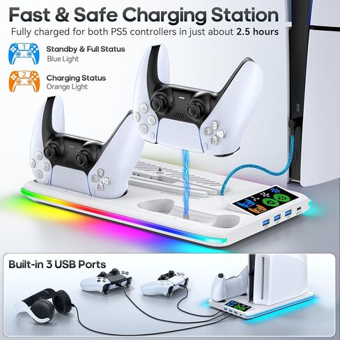 PS5 Slim / PS5 Cooling Station with 3-Level Cooling Fan, PS5 /PS5 Slim Stand with Controller Charger for All Playstation 5 Console, PS5/ PS5 Slim Accessories, PS5 Cooler with RGB Charging Station in Saudi Arabia